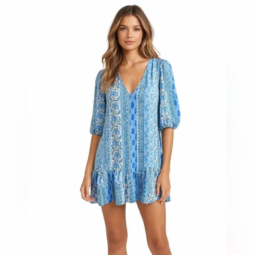 Black Tape Dress Blue White Green Floral Shift SZ M NEW